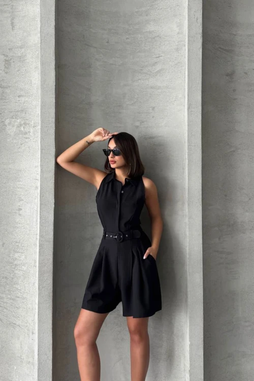 Siyah Kemerli Çift Cepli Yakalı Dokuma Tulum BCHN-255010