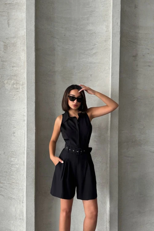 Siyah Kemerli Çift Cepli Yakalı Dokuma Tulum BCHN-255010