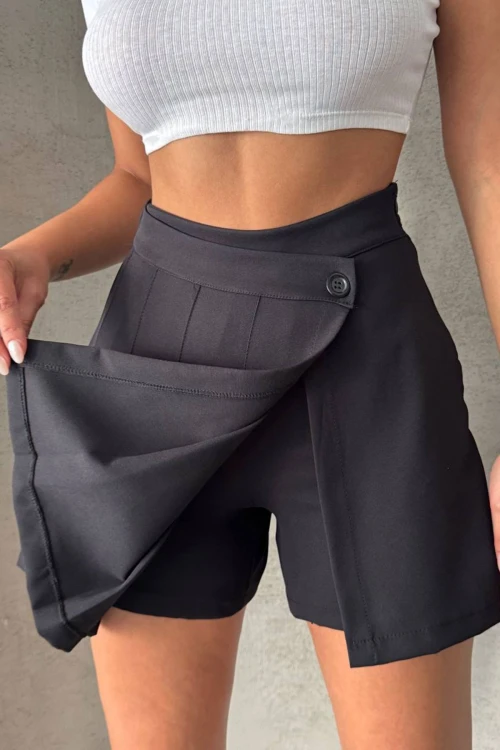 Siyah Piliseli Dokuma Şort Etek BCHN-25813