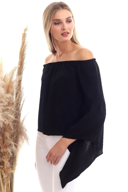 Siyah Ponponlu Madonna Yaka Geniş Kol Dokuma Bluz CO-2520333347