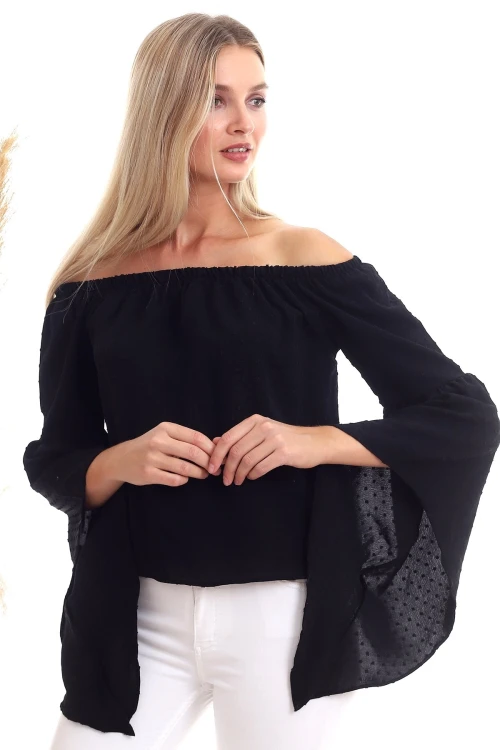 Siyah Ponponlu Madonna Yaka Geniş Kol Dokuma Bluz CO-2520333347