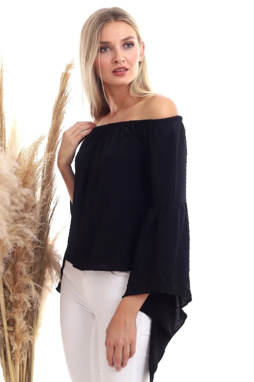 Siyah Ponponlu Madonna Yaka Geniş Kol Dokuma Bluz CO-2520333347