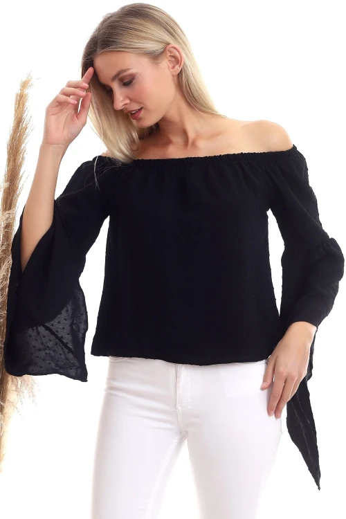 Siyah Ponponlu Madonna Yaka Geniş Kol Dokuma Bluz CO-2520333347