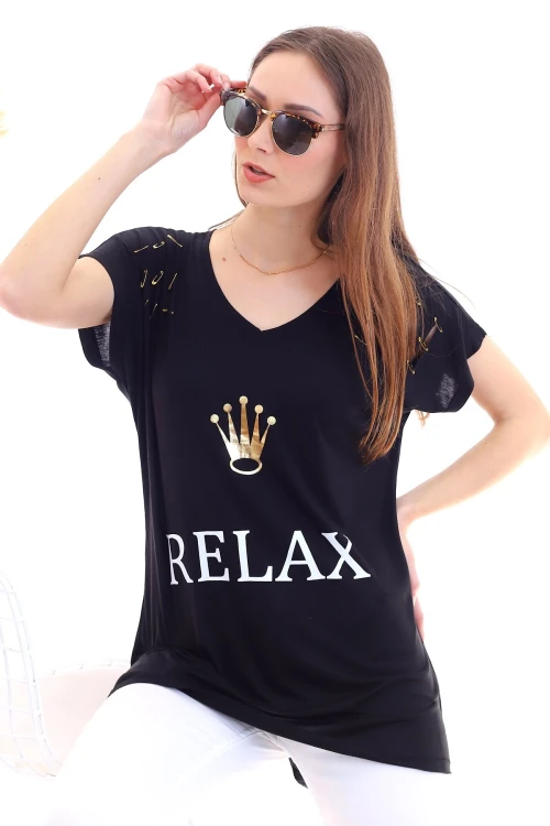 Siyah V Yaka Baskılı Omuzları Aksesuarlı Oversize Tişört CO-2520050509