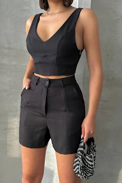 Siyah V Yaka Bluz Ve Şortlu Dokuma Alt Üst Takım BCHN-25255014