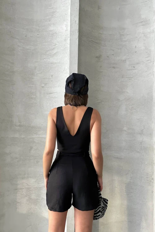 Siyah V Yaka Bluz Ve Şortlu Dokuma Alt Üst Takım BCHN-25255014