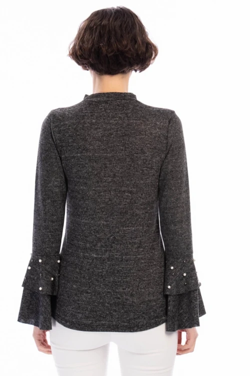 Siyah Yakası Ve Kolu İncili Volanlı Yumoş Bluz CO-258490960