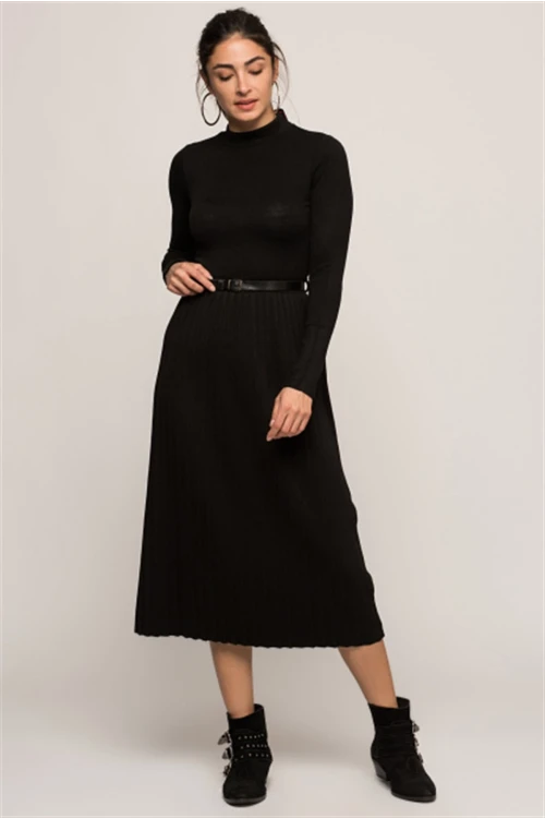 Siyah Yarım Balıkçı Eteği Pliseli Kemersiz Uzun Elbise CO-257372011