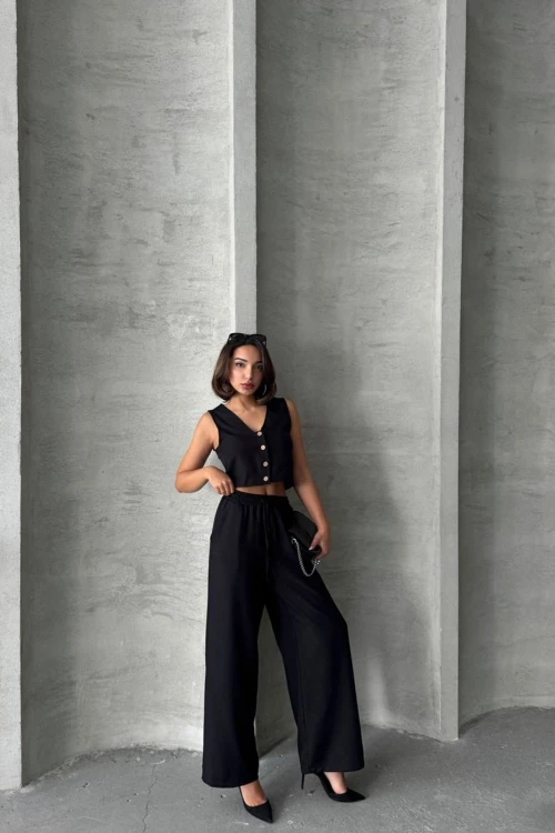 Siyah Yelek Ve Pantolonlu Alt Üst Dokuma Takım BCHN-25252