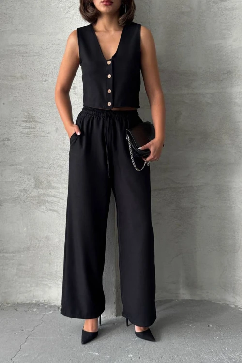 Siyah Yelek Ve Pantolonlu Alt Üst Dokuma Takım BCHN-25252