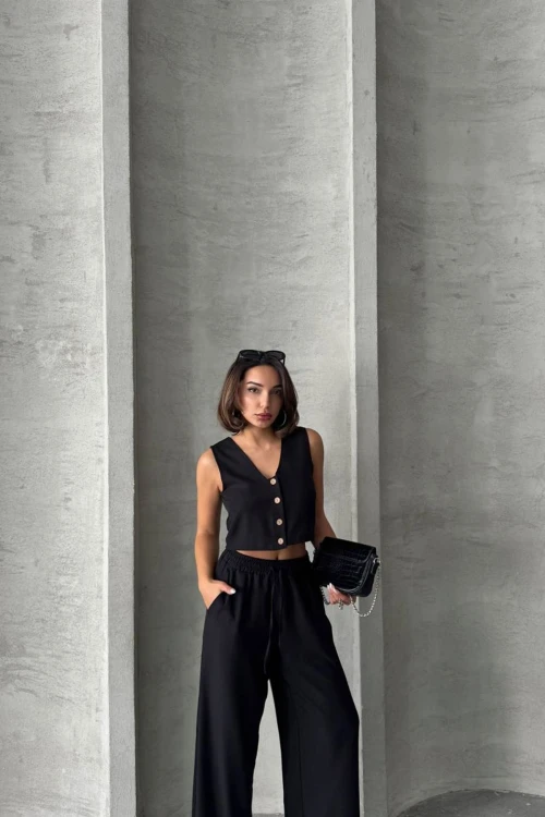 Siyah Yelek Ve Pantolonlu Alt Üst Dokuma Takım BCHN-25252