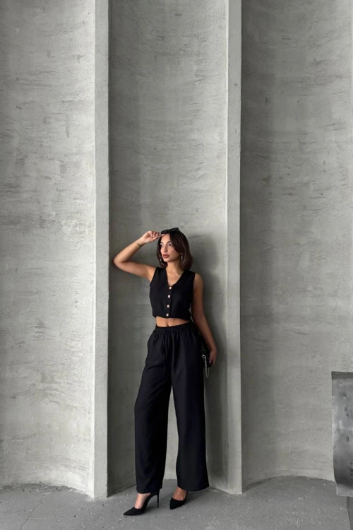 Siyah Yelek Ve Pantolonlu Alt Üst Dokuma Takım BCHN-25252