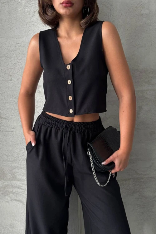 Siyah Yelek Ve Pantolonlu Alt Üst Dokuma Takım BCHN-25252