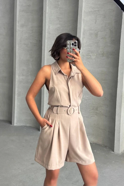 Taş Kemerli Çift Cepli Yakalı Dokuma Tulum BCHN-255010