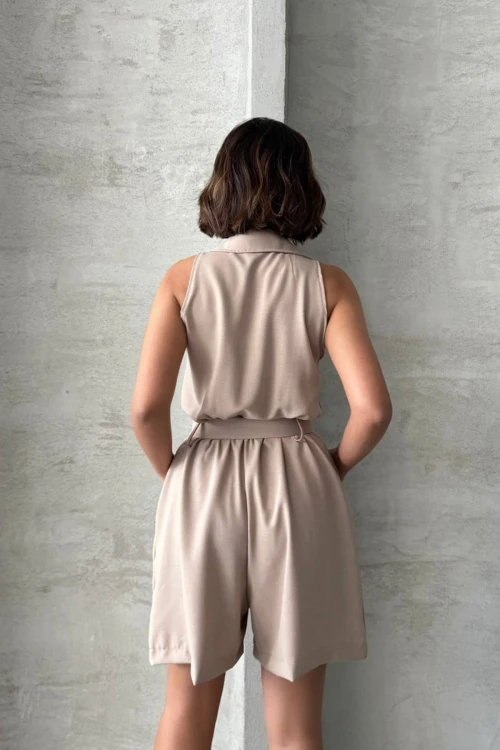 Taş Kemerli Çift Cepli Yakalı Dokuma Tulum BCHN-255010