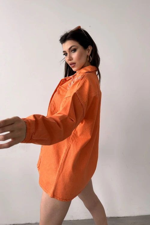 Turuncu Çift Cepli Yırtık Efektli Oversize Denim Gömlek Ceket BCDF-255411