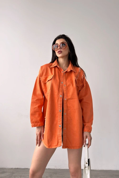 Turuncu Çift Cepli Yırtık Efektli Oversize Denim Gömlek Ceket BCDF-255411