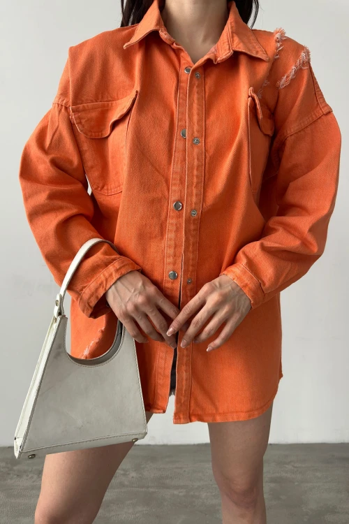 Turuncu Çift Cepli Yırtık Efektli Oversize Denim Gömlek Ceket BCDF-255411