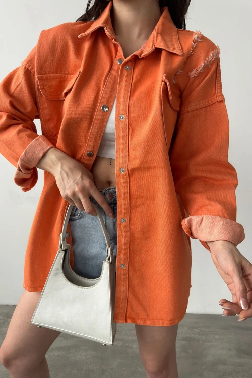 Turuncu Çift Cepli Yırtık Efektli Oversize Denim Gömlek Ceket BCDF-255411