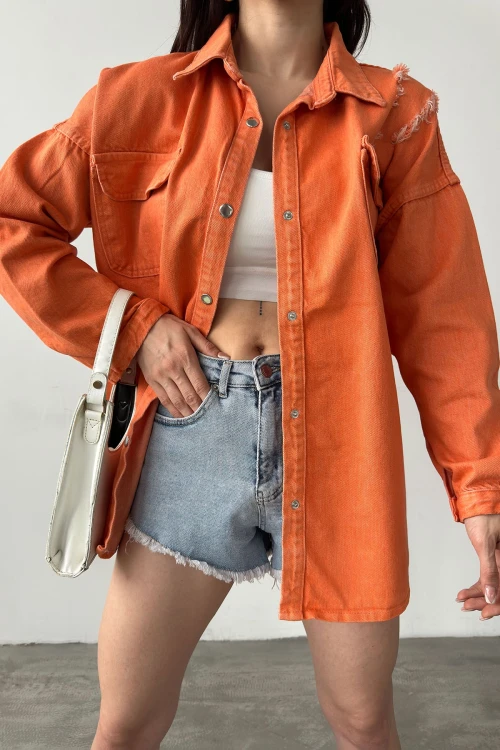 Turuncu Çift Cepli Yırtık Efektli Oversize Denim Gömlek Ceket BCDF-255411