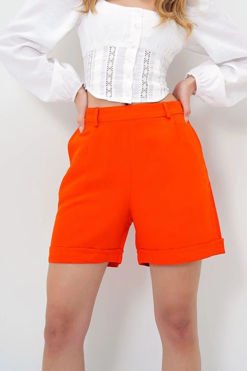 Turuncu Duble Paça Gizli Fermuarlı Yazlık Keten Dokuma Şort BCIR-251002