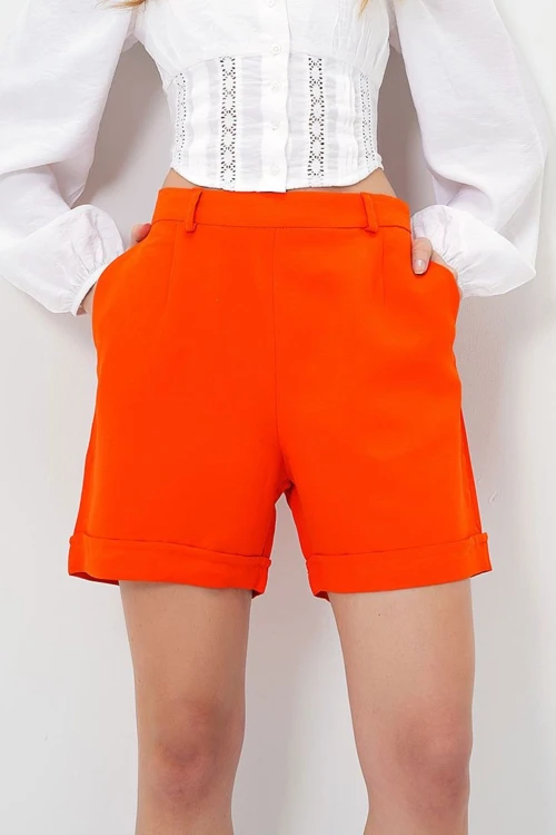 Turuncu Duble Paça Gizli Fermuarlı Yazlık Keten Dokuma Şort BCIR-251002