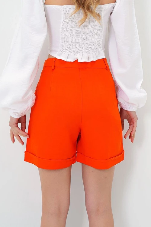Turuncu Duble Paça Gizli Fermuarlı Yazlık Keten Dokuma Şort BCIR-251002