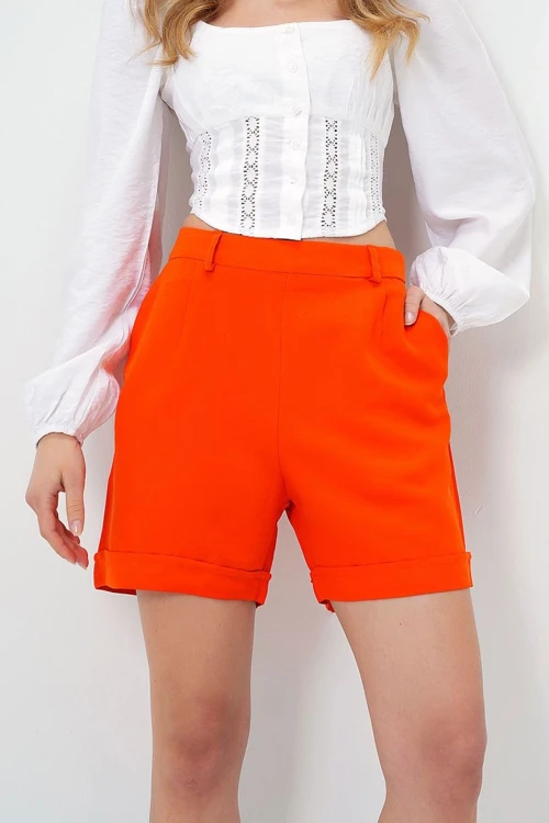 Turuncu Duble Paça Gizli Fermuarlı Yazlık Keten Dokuma Şort BCIR-251002