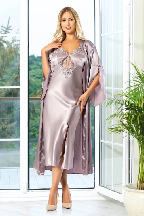 Vizon Saten Dantel Detaylı Gecelik Sabahlık Ikili Takım BCAN-252609FA