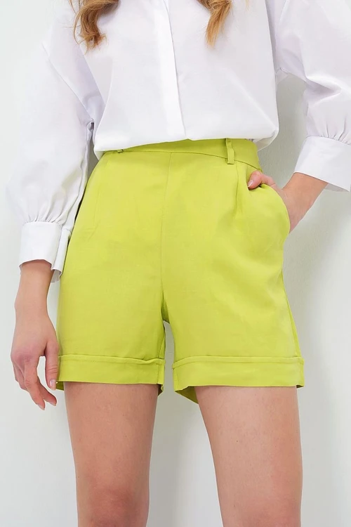 Yağ Yeşili Duble Paça Gizli Fermuarlı Yazlık Keten Dokuma Şort BCIR-251002