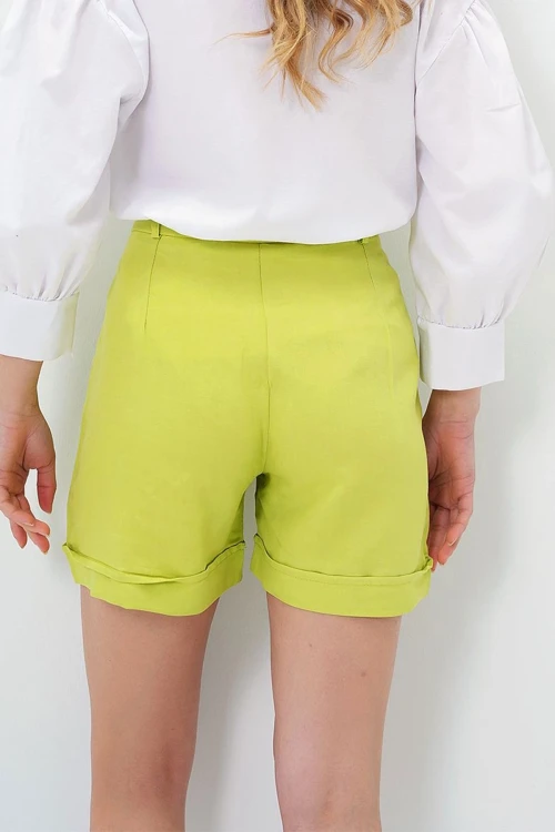 Yağ Yeşili Duble Paça Gizli Fermuarlı Yazlık Keten Dokuma Şort BCIR-251002