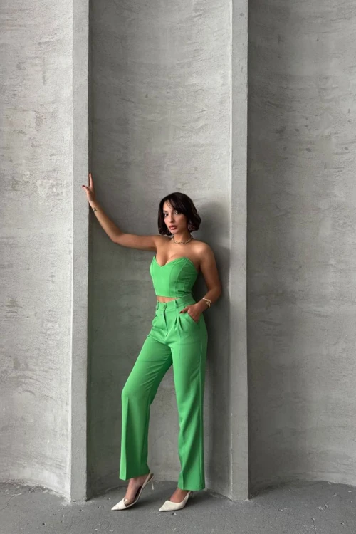 Yeşil Crop Bluz Ve Cepli Pantolon Dokuma Alt Üst Takım BCHN-2525212