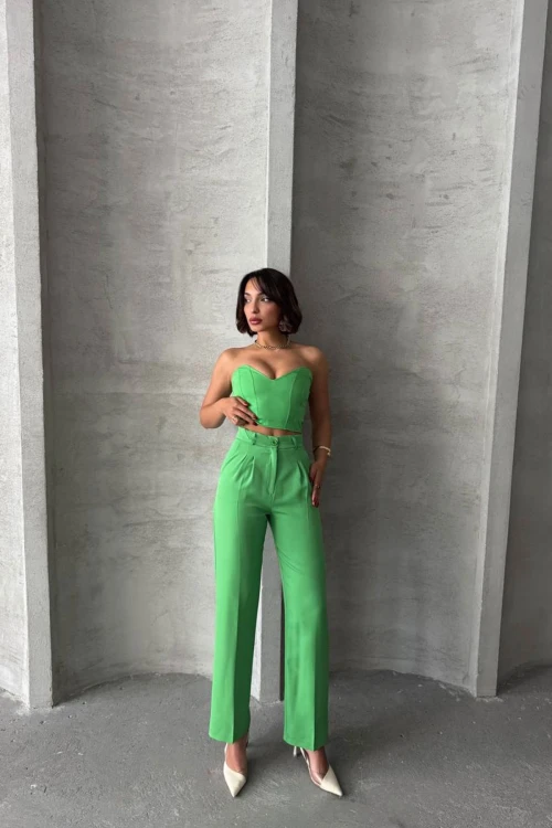 Yeşil Crop Bluz Ve Cepli Pantolon Dokuma Alt Üst Takım BCHN-2525212