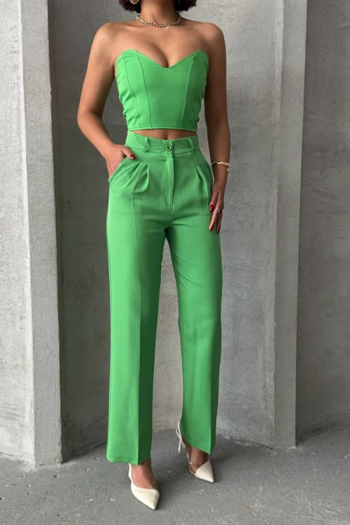 Yeşil Crop Bluz Ve Cepli Pantolon Dokuma Alt Üst Takım BCHN-2525212