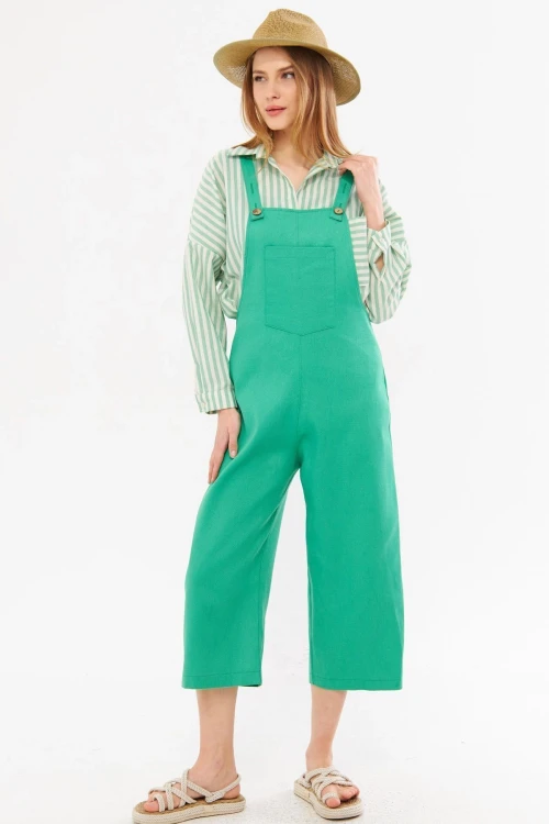 Yeşil Önü Cepli Askılı Yazlık Gabardin Bahçıvan Tulum