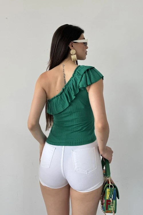 Yeşil Tek Omuz Fırıfır Detaylı Bluz BCDF-251088