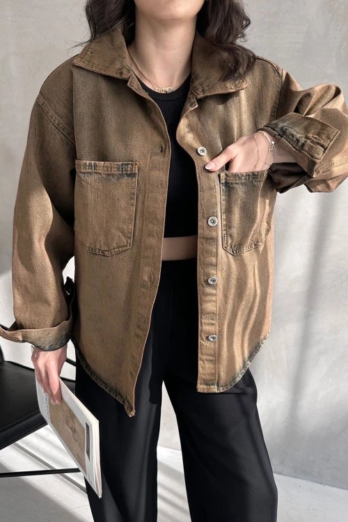 Bakır Çift Cepli Yıkamalı Denim Gömlek Ceket BCDF-235403