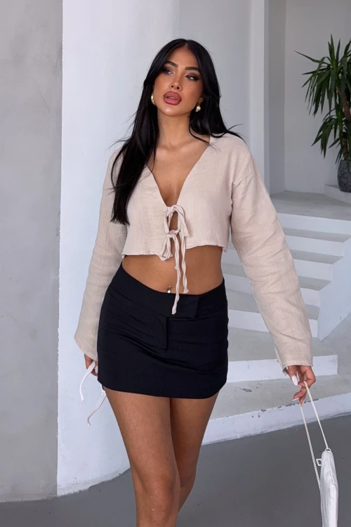 Bej Bağlamalı Crop Muslin Dokuma Bluz BCBT-251005