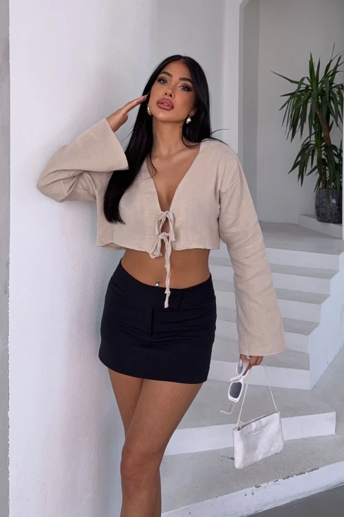 Bej Bağlamalı Crop Muslin Dokuma Bluz BCBT-251005