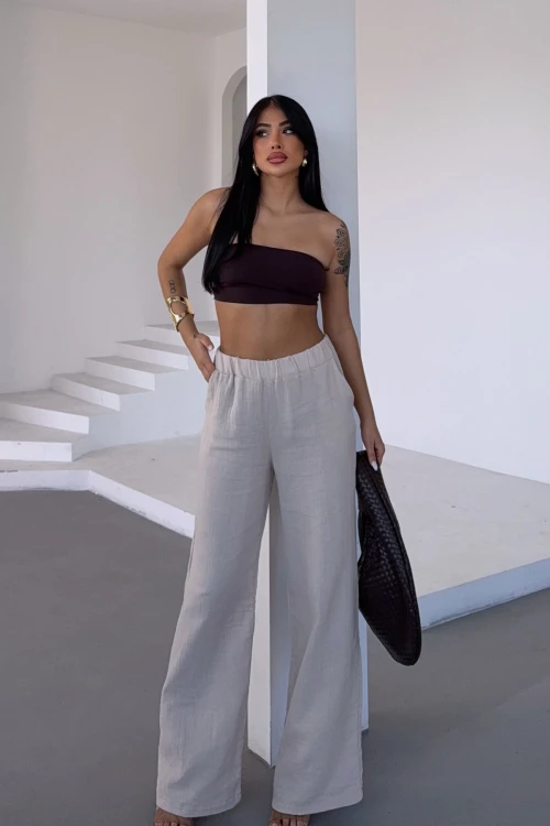 Bej Beli Lastikli Muslin Dokuma Pantolon BCBT-251007