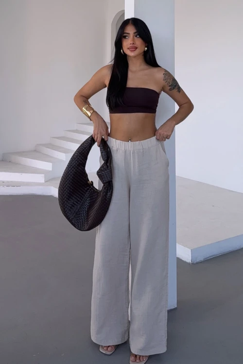 Bej Beli Lastikli Muslin Dokuma Pantolon BCBT-251007