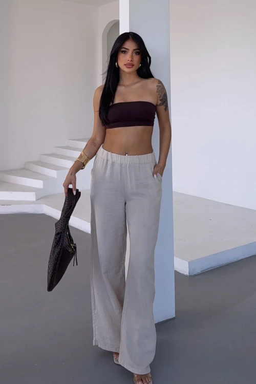 Bej Beli Lastikli Muslin Dokuma Pantolon BCBT-251007