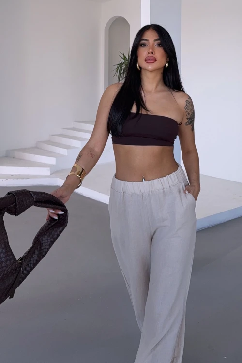 Bej Beli Lastikli Muslin Dokuma Pantolon BCBT-251007