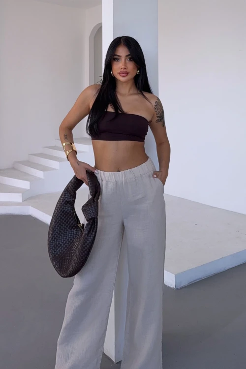 Bej Beli Lastikli Muslin Dokuma Pantolon BCBT-251007