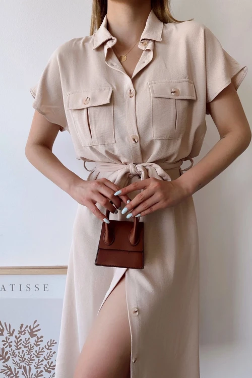 Bej Cepli Kemerli Safari Airobin Elbise BCBSK-25700-K4045