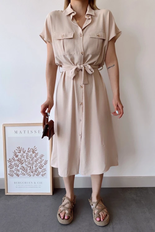 Bej Cepli Kemerli Safari Airobin Elbise BCBSK-25700-K4045