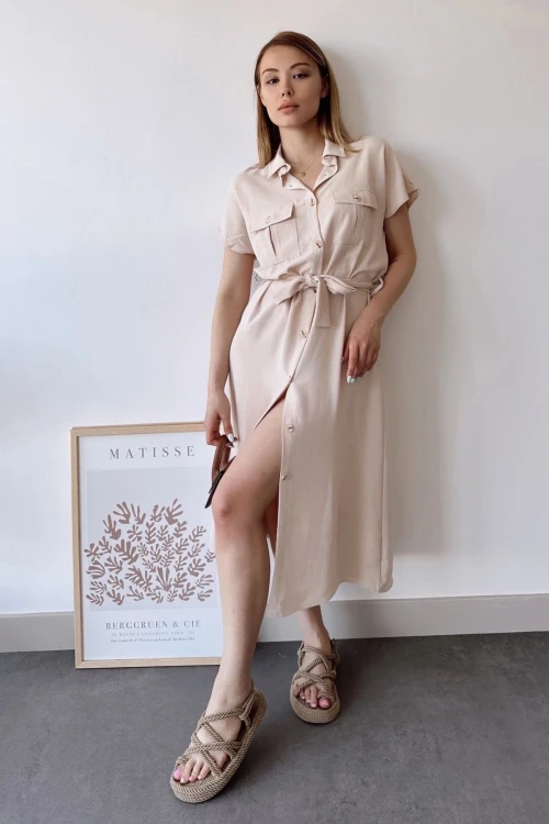 Bej Cepli Kemerli Safari Airobin Elbise BCBSK-25700-K4045