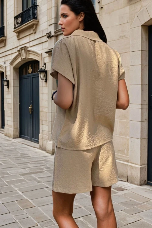 Bej Keten Ceket Yaka Düğmeli Kısa Kol Gömlek Şort Takım BCBSK-25700-3402