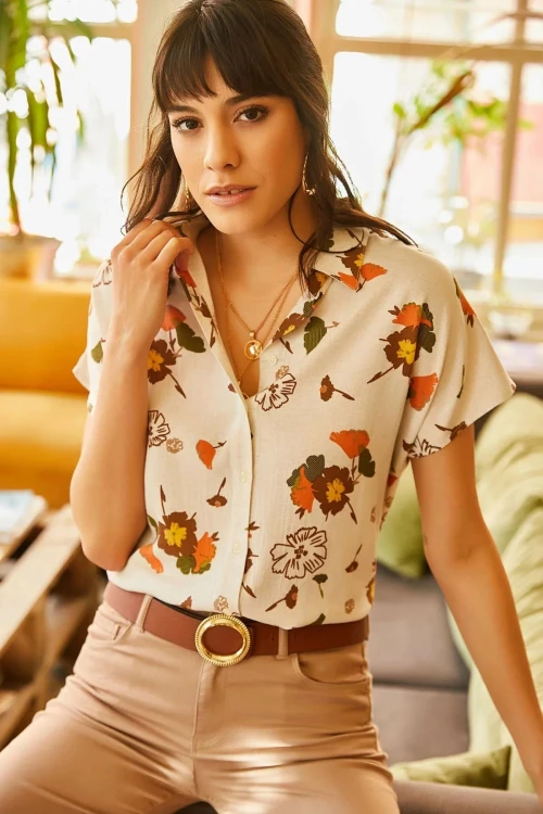 Bej Oversize Rahat Kesim Kısa Kol Gömlek BCBSK-25700-K5157