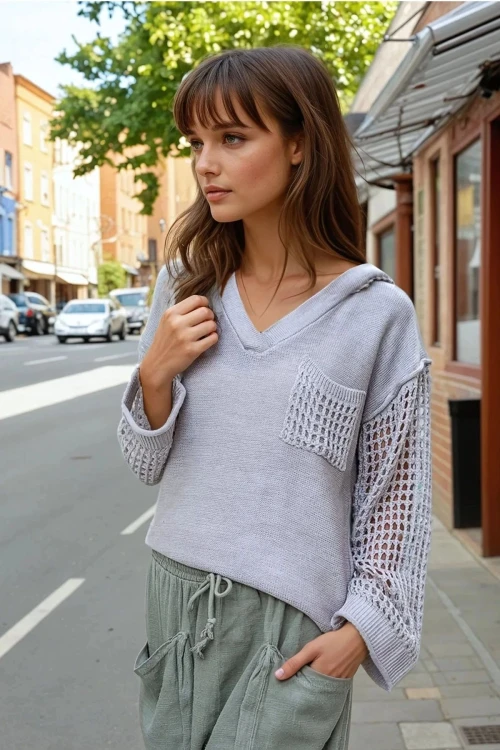 Bej V Yaka Kapüşonlu Kolları Ajurlu Tek Cep Salaş Kazak BCBSK-25700-CCK95006